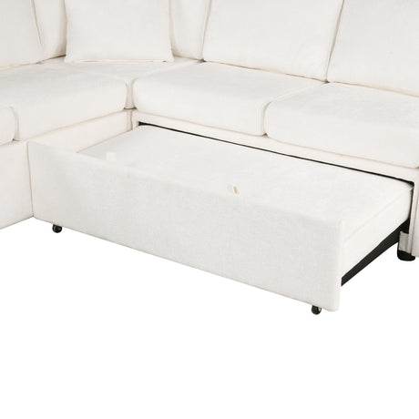 Cream Tweed Chenille Sectional Sofa with Pull-out Bed and Storage Ottoman, 112.2' for Living Room - sold by Home Elegance USA