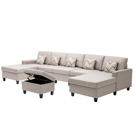 Nolan 152' Beige Linen Fabric 6Pc Double Chaise Sectional Sofa with Interchangeable Legs, Storage Ottoman, and Pillows - sold by Home Elegance USA