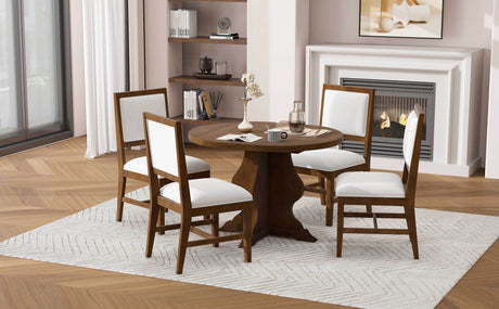 TREXM Farmhouse 5-Piece Dining Table Set with 4 Upholstered Chairs, Wood Extendable Dining Table with 15.7' Leaf for Extra Seating for Dining Room, Kitchen and Living Room (Brown) - sold by Home Elegance USA