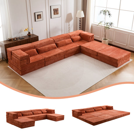 Compression Mahjong Sofa,Convertible Floor Sofa Bed,DIY Boneless Modular Sectional Sofa,No Assembly Required,Circle fleece fabric,Oversized 4 Seater with 2 Ottoman,Orange - sold by Home Elegance USA