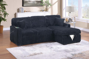 Modern Style 2pc Convertible Sectional Pull Out Sofa Fold Down Table Cup Holder USB Port Storage Chaise Matching Pillow Black Finish Primary Living Room