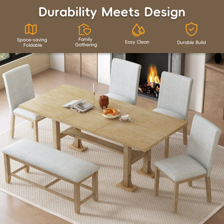 TOPMAX Farmhouse 76inch 6-Piece Extendable Dining Table Set with Trestle Base, Upholstered Chairs & Bench, Natural Wood and Light Gray Fabric - sold by Home Elegance USA