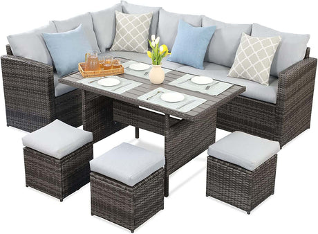 7 - Pieces PE Rattan Wicker Patio Dining Sectional Cusions Sofa Set with Grey cushions - B082S00024 - image - 2