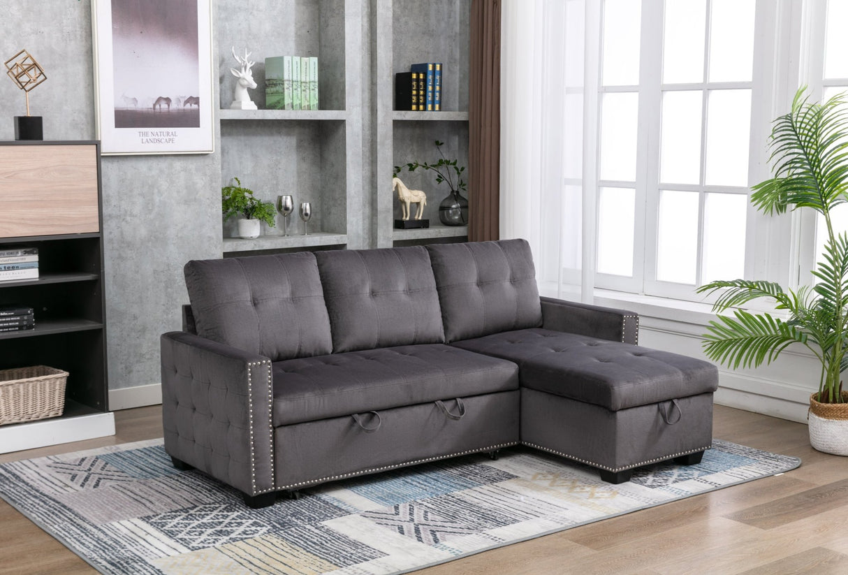 77 Inch Reversible Sectional Storage Sleeper Sofa Bed , L - Shape 2 Seat Sectional Chaise With Storage , Skin - Feeling Velvet Fabric ,Dark Grey Color For Living Room Furniture | Home Elegance USA