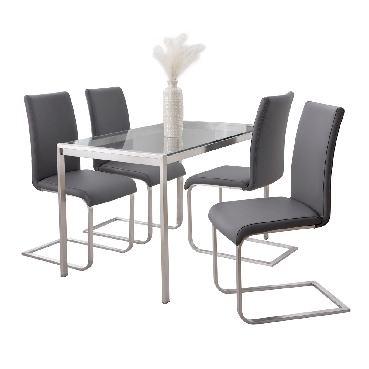 Fuji-Foster Contemporary Dining Set in Stainless Steel, Clear Glass and Grey Faux Leather by LumiSource - 5 Piece