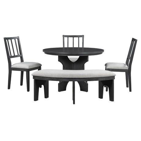 TREXM 5-piece Rustic Charm Round Dining Set with 3 Upholstered Chairs and Curved Bench for Dining Room, Kitchen and Living Room (Gray) - sold by Home Elegance USA