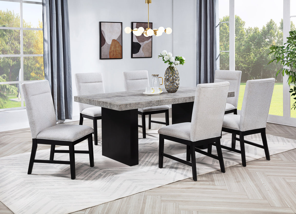 7pc Dining Set Weathered Gray Rectangular Table Dark-finished Base Upholstered Chair Wooden Dining Room Furniture
