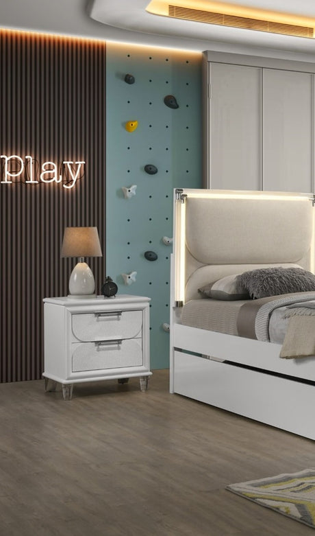 Contemporary Glam Pearl White Twin Size Bed W Trundle 2x Nightstands Embossed Panel 3pc Bedframe Bedroom Furniture - sold by Home Elegance USA
