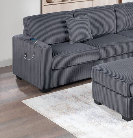 Living Room Corduroy Upholstered Dark Gray 4pc Sectional Set RAF/LAF One-Arm Loveseat W/USB, Corner Wedge, Cocktail Ottoman Cushion Couch - sold by Home Elegance USA