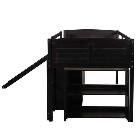 Low Twin Size Loft Bed with Cabinets, Shelves and Slide - Espresso(OLD SKU :LP000503AAP) - Home Elegance USA