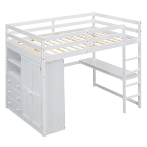 White Wood Full Size Loft Bed with Built-in Wardrobe, Desk, Shelves, and Drawers - Solid Pine Wood + MDF, 79.5''L x 57''W x 67.5''H