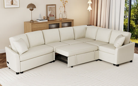 L-shaped Convertible Sofa Bed with USB Ports and Power Sockets, Beige Chenille Fabric, 124.8' Length - sold by Home Elegance USA