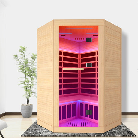 Canadian Hemlock Pentagonal Double Infrared Sauna – Two-Person Corner Design - sold by Home Elegance USA