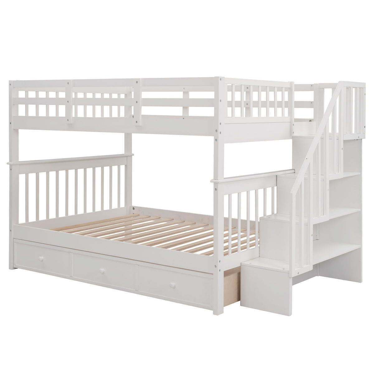 Stairway Full-Over-Full Bunk Bed with Drawer, Storage and Guard Rail for Bedroom, White - sold by Home Elegance USA