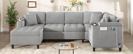 Modern U-shaped Sectional Sofa 115.7' Corner Living Room Couch with Built-in Cup Holders, Storage, USB Ports in Light Grey Chenille Fabric - sold by Home Elegance USA