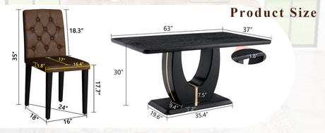 Black Wood Grain Dining Table Set for 4 people, 63' Modern MDF Dining Room Table Set .Paired with 4 Brown Suede Fabric chairs with decorative buckle design on the backrest.For Dining Room,Kitchen,etc. - sold by Home Elegance USA