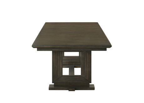 7pc Rectangular Extendable 18' Leaf Dining Table Trestle / Pedestal Base Beige Fabric Upholstered Button Tufted Chairs Wooden Dining Room Furniture Contemporary Modern Espresso Dark Brown Finish - sold by Home Elegance USA