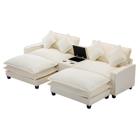 Chenille Upholstered Sectional Sofa with Removable Ottoman, USB Ports, Cup Holders, and Storage, Beige, 111' - sold by Home Elegance USA