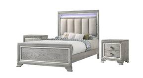 Modern Queen Size Panel Bed Nightstand 3pc Set Integrated Led Lighting Tufted Headboard Wood Grain Soft Gray Finish Wooden Solid Wood Furniture - sold by Home Elegance USA
