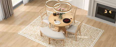 TREXM 5-piece Rustic Charm Round Dining Set with 3 Upholstered Chairs and Curved Bench for Dining Room, Kitchen and Living Room (Natural) - sold by Home Elegance USA