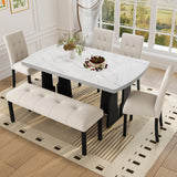 Juego de mesa de comedor moderna de 6 piezas, mesa de comedor de imitación mármol de 16 m con patas geométricas, 4 sillas tapizadas y 1 banco, ideal para comedor o cocina, fácil de montar, beige y blanco.