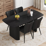 Table and chair set.67 * 35.4 inch black wood grain MDF dining table:a simple and luxurious choice.Paired with 4 Black PU chairs with a vertical stripe design on the backrest and black metal legs.
