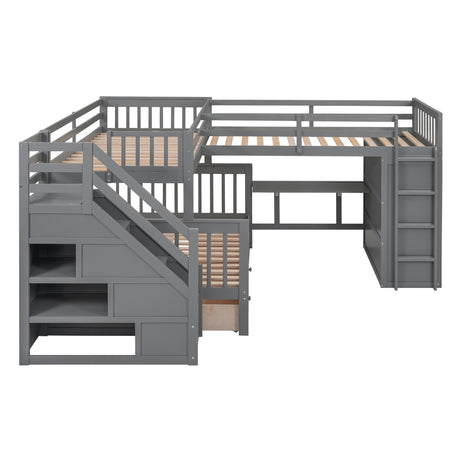 Twin-Twin over Full L-Shaped Bunk Bed With 3 Drawers, Portable Desk and Wardrobe, Gray(OLD SKU:LT100542AAE) - sold by Home Elegance USA