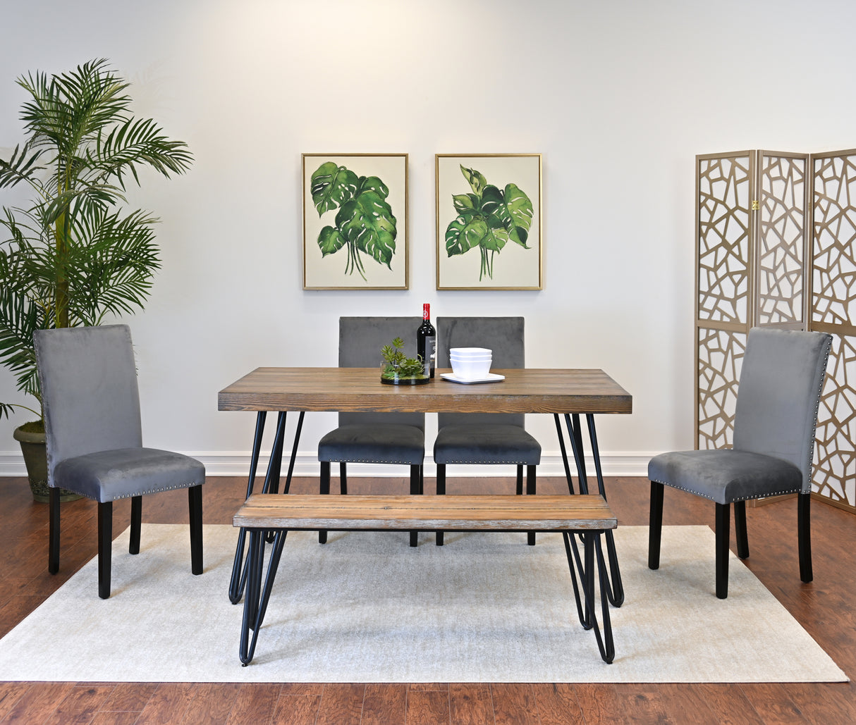 Ashzo 6-Piece Dining Set, Hairpin Dining Table with 4 Chairs and Bench, 3 Color Options