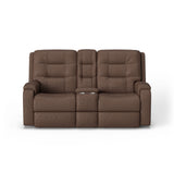 Arlo Transitional Leather Power Reclining Loveseat, Console & Power Headrests | Flexsteel
