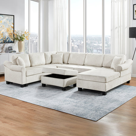 Contemporary U-shaped Sectional Sofa with Movable Storage Ottoman, White Chenille 111.8' - sold by Home Elegance USA