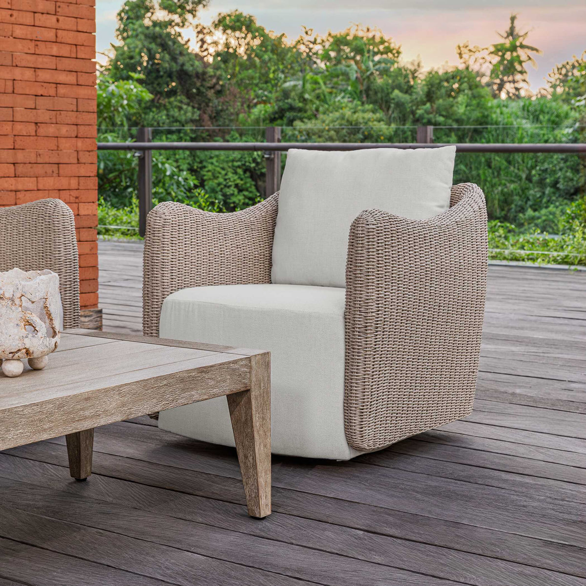 Sunset Outdoor Swivel Lounge Chair Oatmeal / Oyster White - Light Brown / White by Uttermost - View 2
