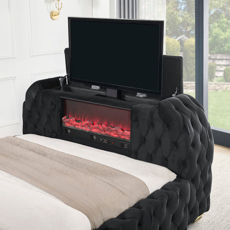 Luxurious Queen Size 3pc Bed Set Comfort Innovative Design Bed Deeply Tufted Headboard Upholstered Black Velvet Television Lift Built-in Electric Fireplace Bedroom Furniture 1x Bed 2x Nightstands - sold by Home Elegance USA