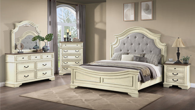 Traditional Style 5 Pc King Bedroom Set with Button Tufted Upholstery Headboard Made with Wood in Antique Beige