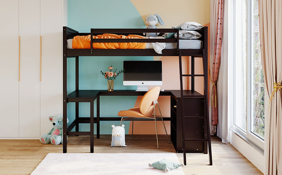 Full size Loft Bed with Shelves and Desk, Wooden Loft Bed with Desk - Espresso - Home Elegance USA