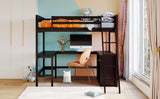 Full size Loft Bed with Shelves and Desk, Wooden Loft Bed with Desk - Espresso - Home Elegance USA