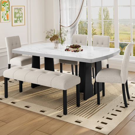 6 Piece Modern Dining Table Set, 63' Faux Marble Dining Table with Geometric Legs & 4 Upholstered Chairs & 1 Bench, Suitable for Dining Kitchen Room,Easy to Assemble, Beige + White - sold by Home Elegance USA