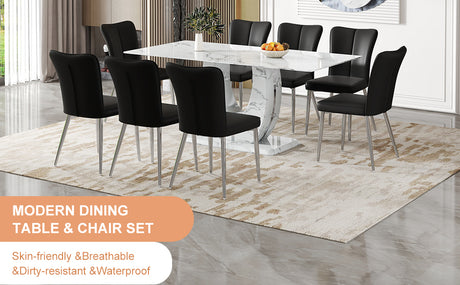 Table and chair set.Modern Simple Marble Pattern Dining Set - 71'x35.4' Table with 8 Black PU Chairs with a vertical stripe design on the backrest. Tempered glass tabletop,White Marble Pattern. - sold by Home Elegance USA