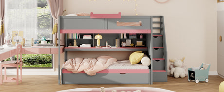 Full Over Full Bunk Bed with Twin Size Trundle and Staircase, Shelves, LED,Gray - sold by Home Elegance USA