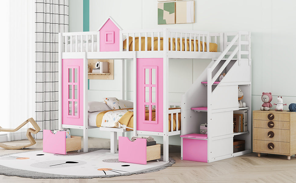 Full-Over-Full Bunk Bed with Changeable Table, Bunk Bed Turn into Upper Bed and Down Desk -Pink - Home Elegance USA