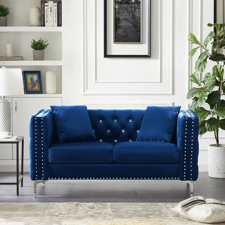 59.4 Inch Wide Blue Velvet Sofa with Jeweled buttons,Square Arm ,2 Pillows - W1117S00009 - image - 1