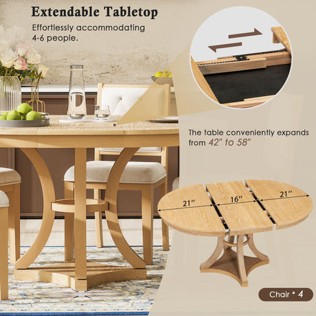TREXM 5-Piece Retro Functional Dining Table Set Extendable Round Table and 4 Upholstered Chairs for Dining Room and Living Room (Natural) - sold by Home Elegance USA