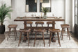 Brown Finish 9pc Counter Height Set Dining Table w Metal Footrest and 8x Stools Sturdy Wood Frame Classic Aesthetic Furniture