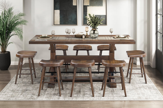 Brown Finish 9pc Counter Height Set Dining Table w Metal Footrest and 8x Stools Sturdy Wood Frame Classic Aesthetic Furniture