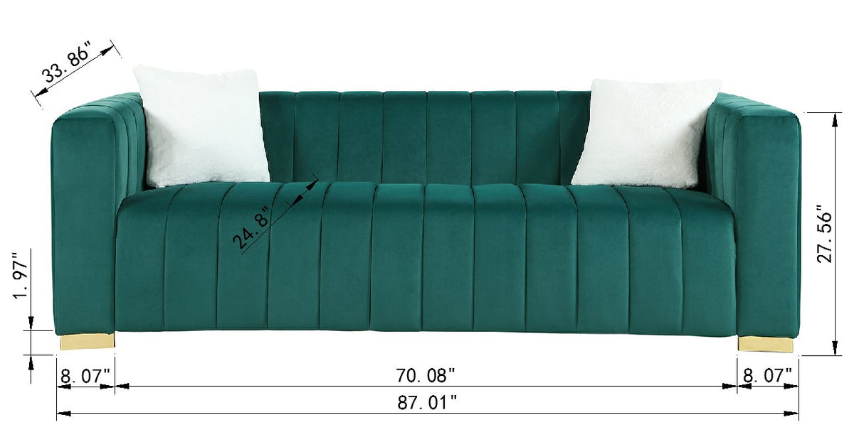 A modern channel sofa take on a traditional Chesterfield,Dark Green color,3 Seater | Home Elegance USA