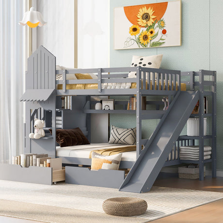 Full-Over-Full Castle Style Bunk Bed with 2 Drawers 3 Shelves and Slide - Gray(OLD SKU:LT000558AAE-2) - sold by Home Elegance USA