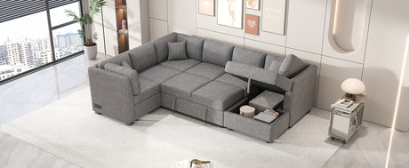 U-shaped Sectional Sofa Pull out Sofa Bed with USB Ports, Power Sockets, Storage Chaise, Light Gray Chenille, 108.6' - sold by Home Elegance USA