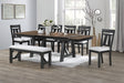 8pc Cottage Style Extendable Dining Table Set Wheat Charcoal Tow Tone Finish Upholstered Chair Bench Dining Room Wooden Furniture Two Self-Storing Refectory Leaves Solid Wood