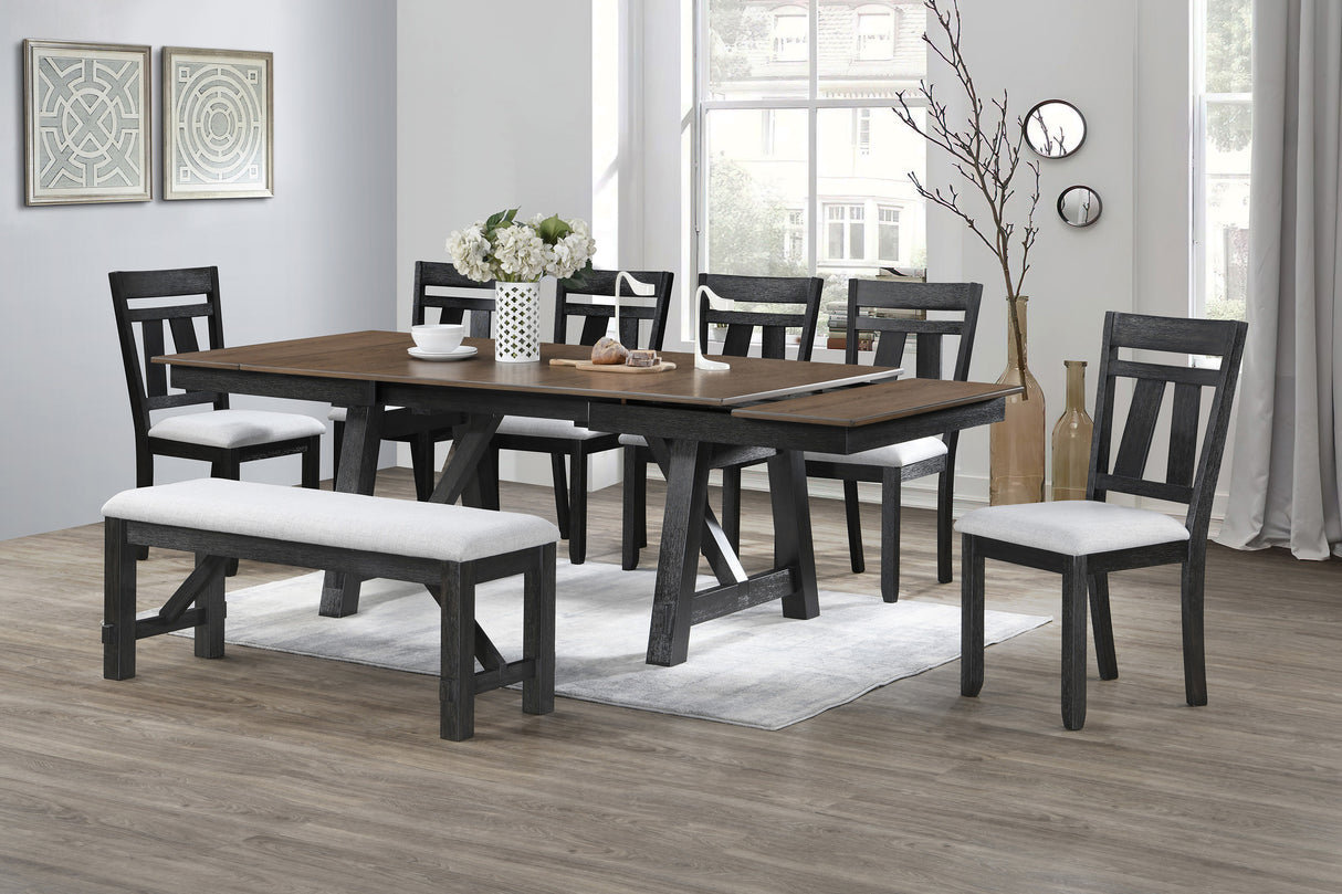 8pc Cottage Style Extendable Dining Table Set Wheat Charcoal Tow Tone Finish Upholstered Chair Bench Dining Room Wooden Furniture Two Self-Storing Refectory Leaves Solid Wood