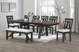 8pc Cottage Style Extendable Dining Table Set Wheat Charcoal Tow Tone Finish Upholstered Chair Bench Dining Room Wooden Furniture Two Self-Storing Refectory Leaves Solid Wood