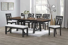 8pc Cottage Style Extendable Dining Table Set Wheat Charcoal Tow Tone Finish Upholstered Chair Bench Dining Room Wooden Furniture Two Self-Storing Refectory Leaves Solid Wood